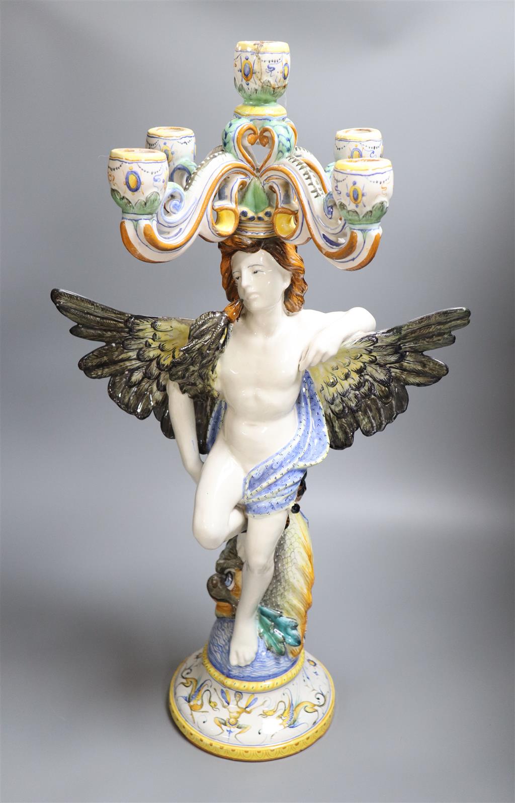 A majolica five branch candelabra, Cantagalli, height 62cm